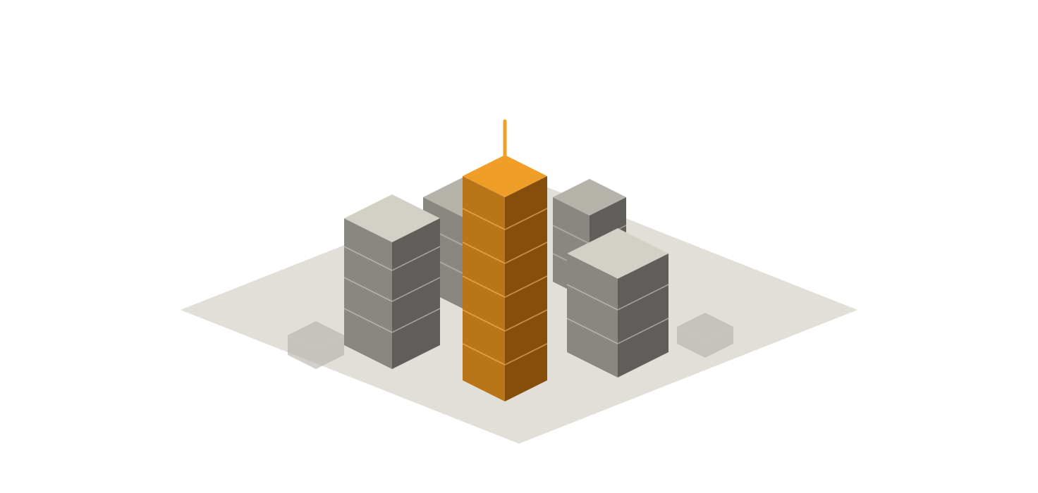 Isometric illustration of an office tower cluster with an amber flagship tower